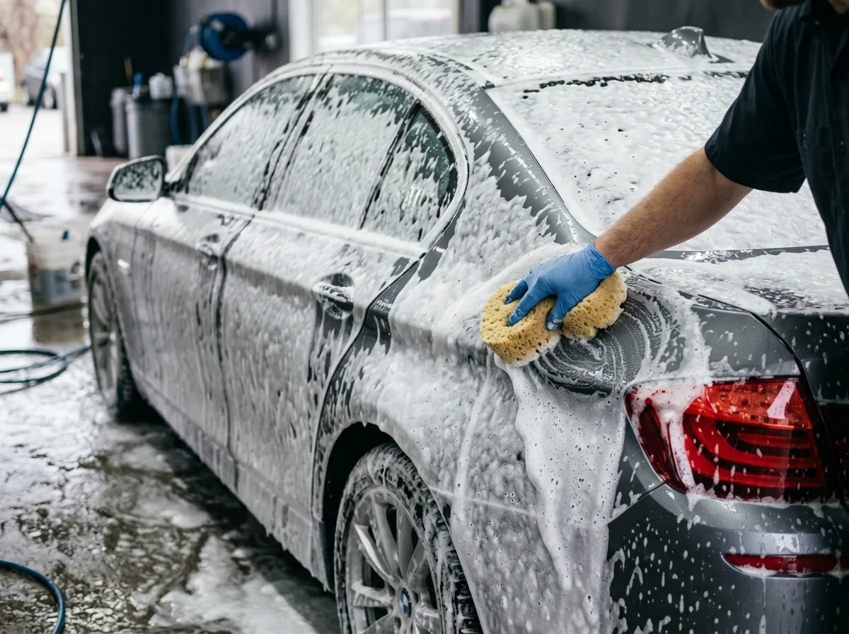 Xe phủ bọt tuyết trắng, bàn tay đeo găng cầm mút rửa xe