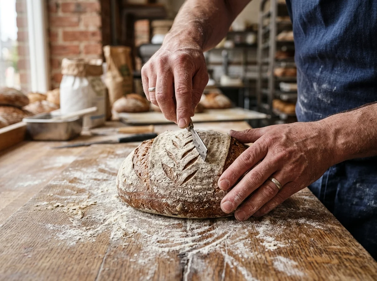 Tay thợ làm bánh rạch đường dao trên ổ sourdough phủ bột