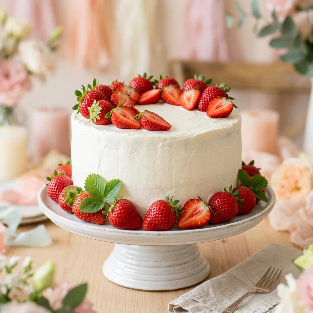 White cream cake topped with fresh strawberries