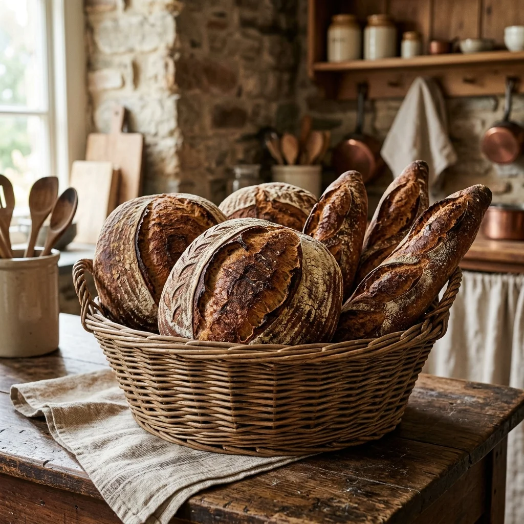 Wicker basket of sourdough loaves