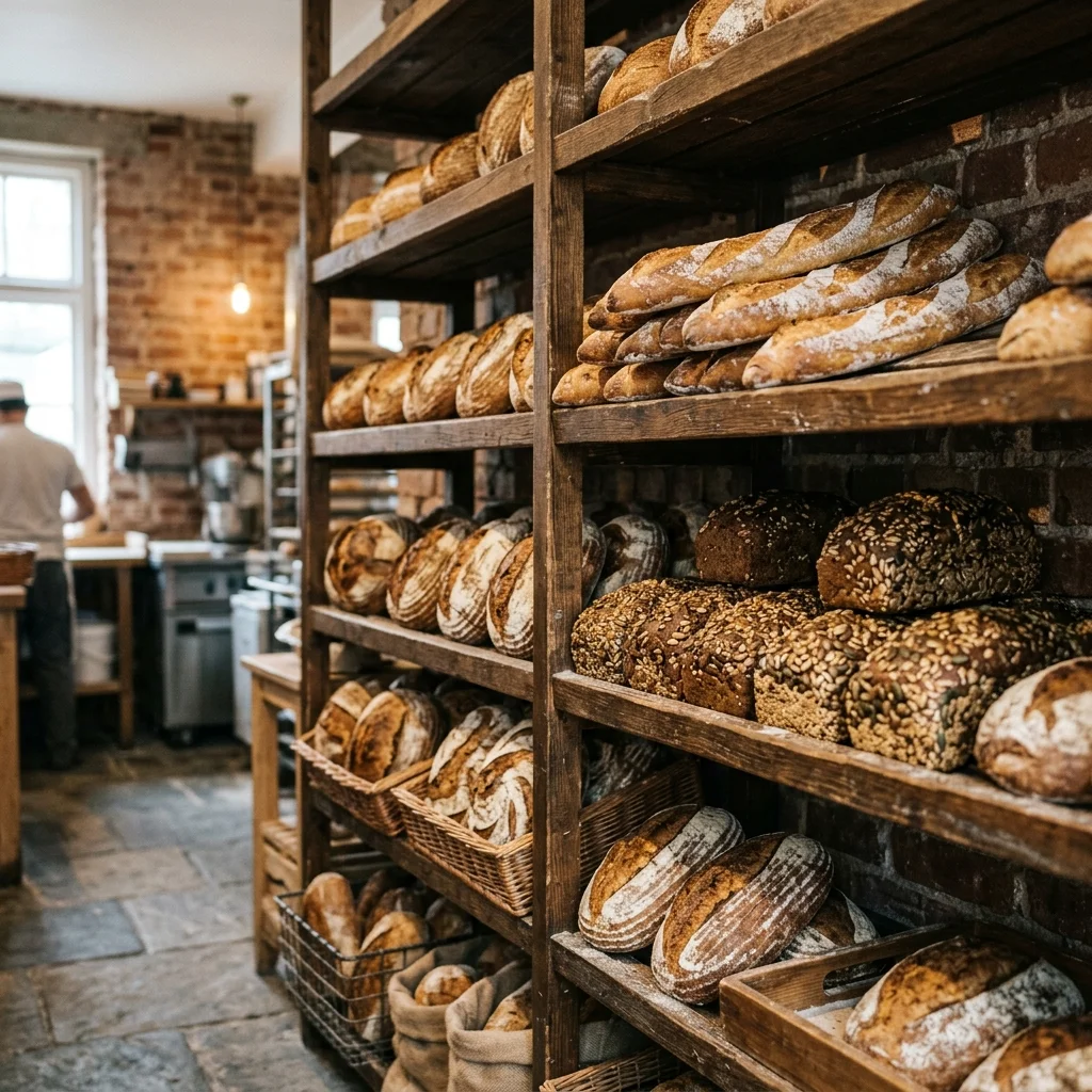 Kệ gỗ xếp baguette, sourdough và bánh hạt