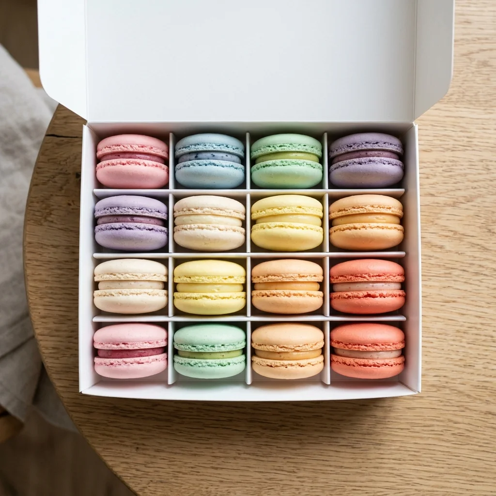 Hộp quà trắng đựng macaron màu pastel nhìn từ trên xuống
