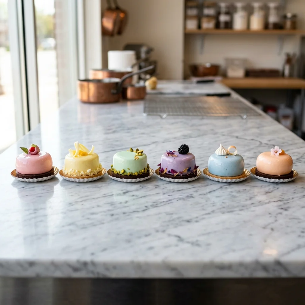 Hàng bánh mousse mini phủ gương màu pastel trên mặt đá cẩm thạch