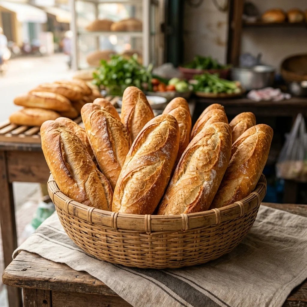 Giỏ bánh mì Việt vừa ra lò, vỏ vàng giòn