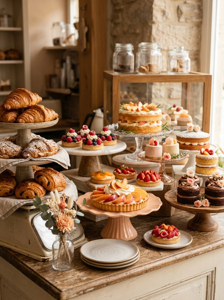 Warm bakery counter with croissants and small cakes