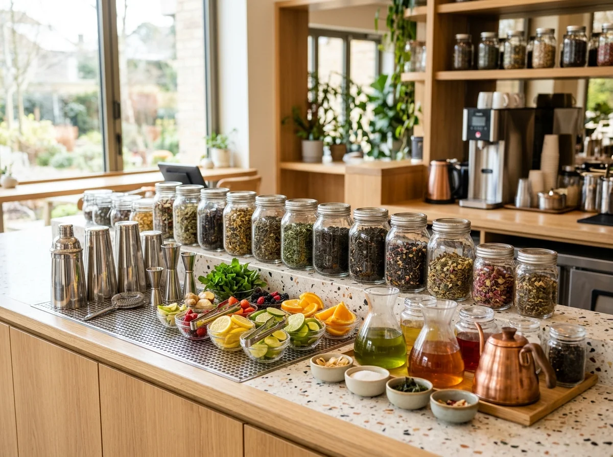 Quầy pha trà sáng sủa với hũ lá trà, bình lắc và trái cây tươi