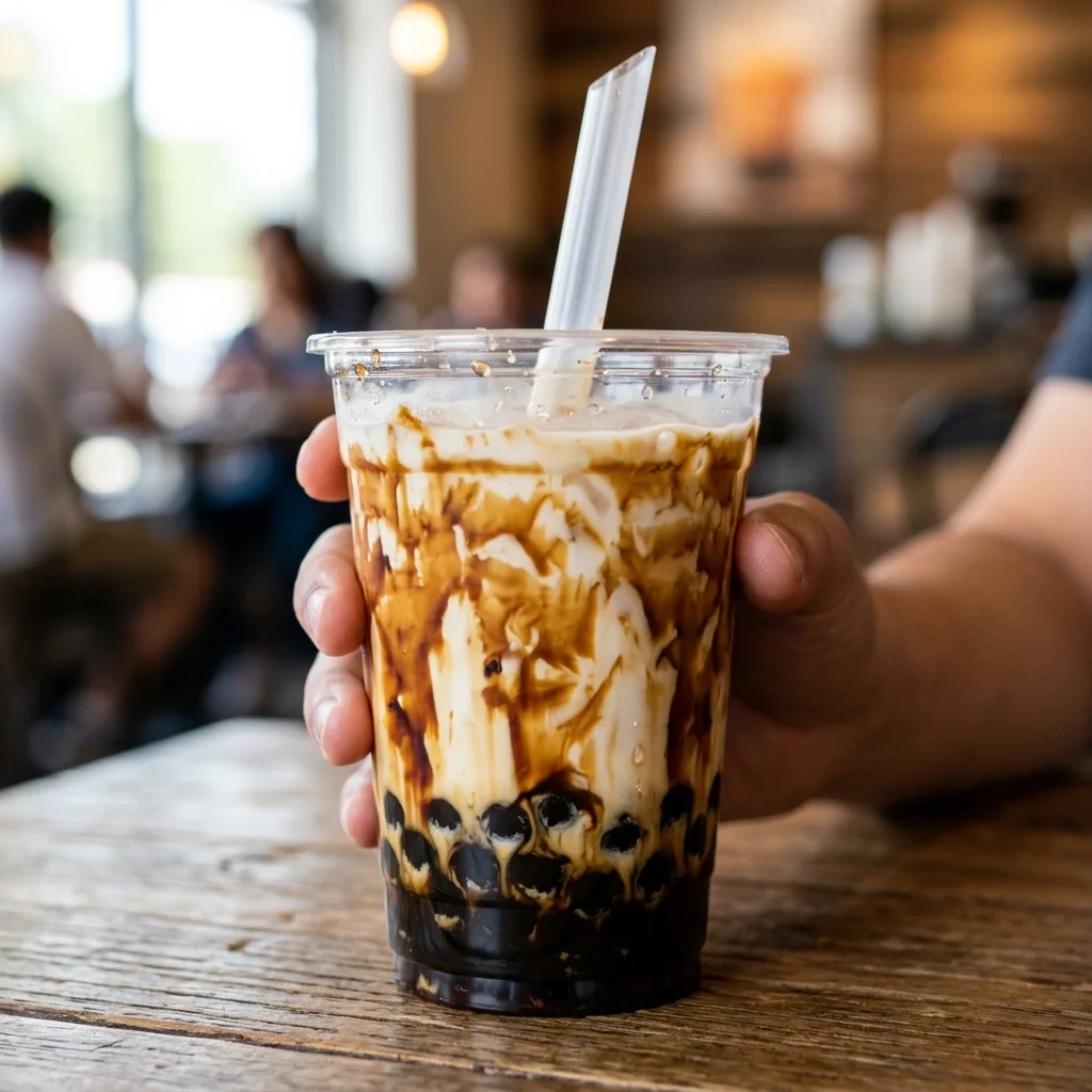 Ly sữa tươi trân châu đường đen có vân đường chảy quanh thành ly