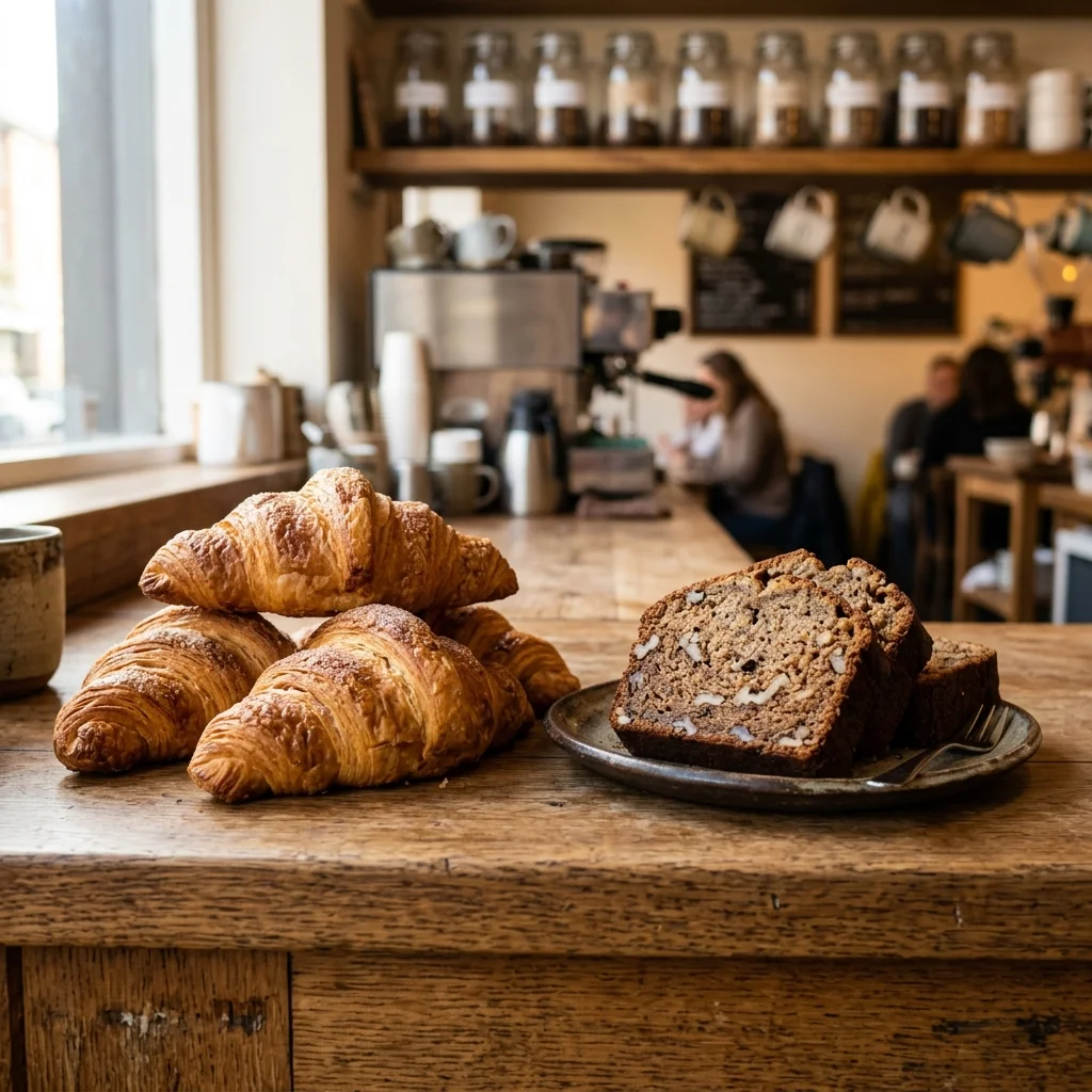 Golden butter croissants on a wooden counter