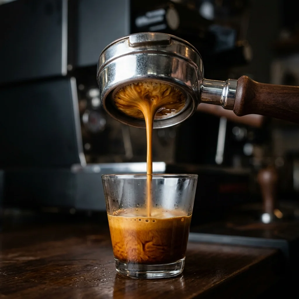 Cận cảnh dòng espresso chảy từ tay pha vào tách thuỷ tinh, lớp crema dày