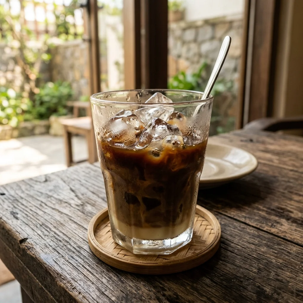 Ly cà phê sữa đá trên bàn gỗ mộc