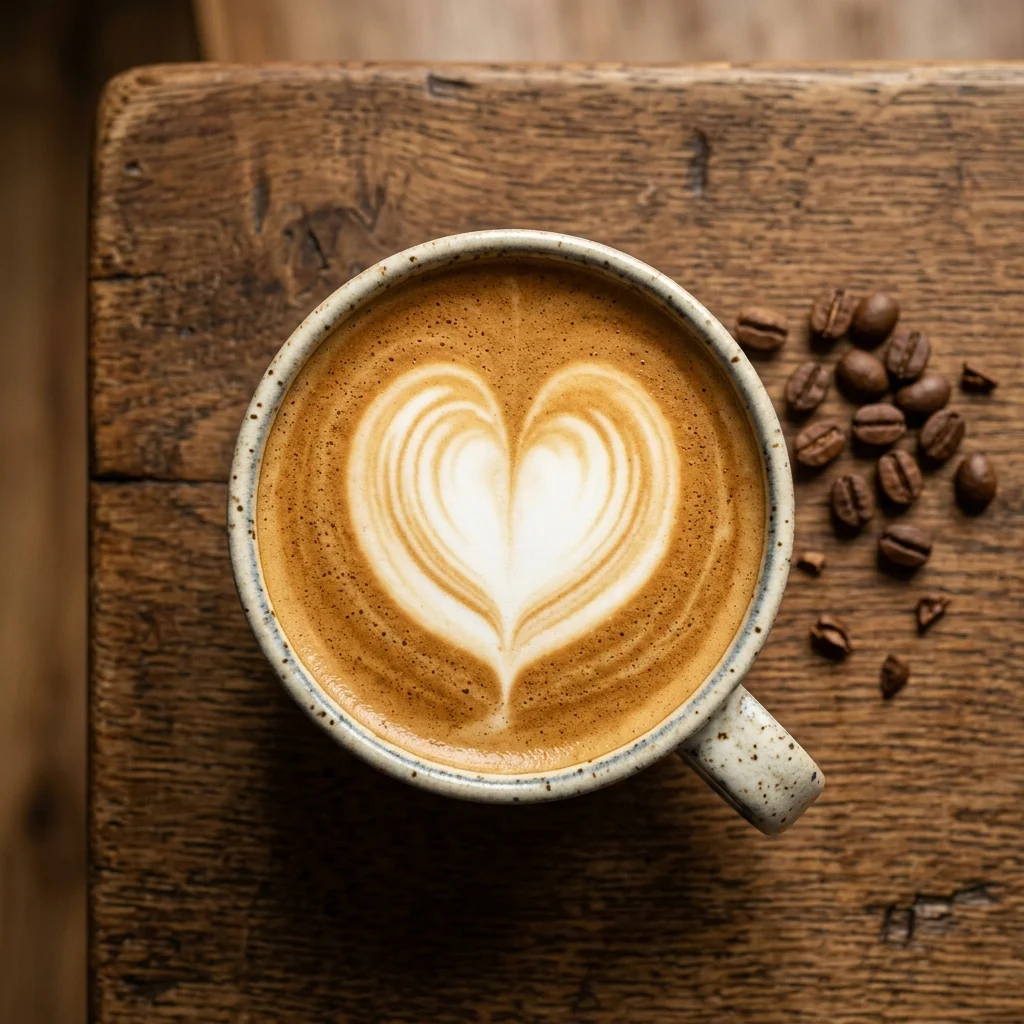 Ly latte vẽ hình trái tim trên mặt bàn gỗ