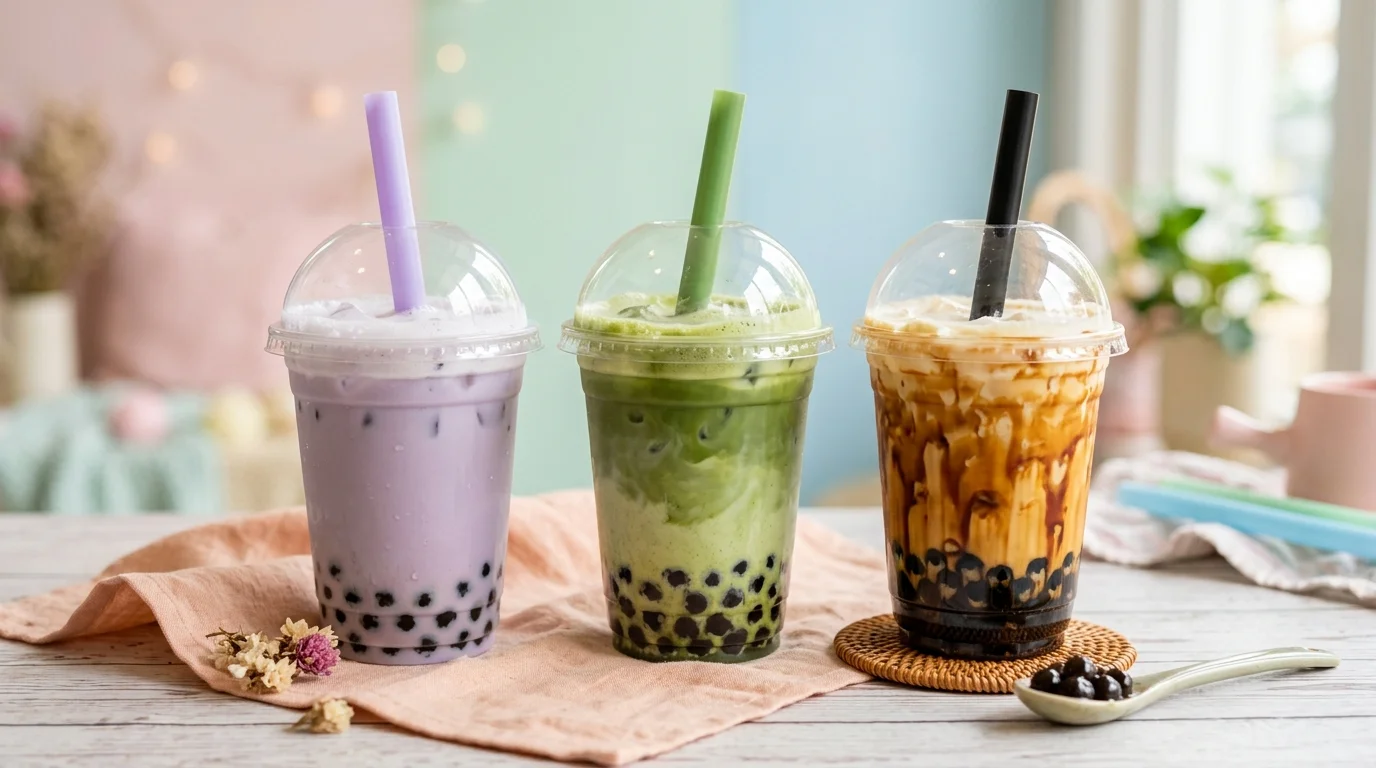 Ba ly trà sữa khoai môn, matcha và đường đen với trân châu