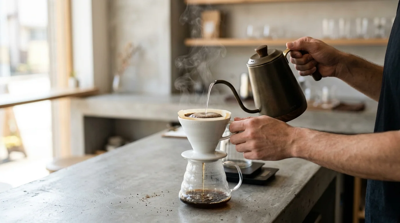 Tay barista rót nước vào phễu pour-over trên quầy bê tông, hơi nước bốc lên trong nắng sớm