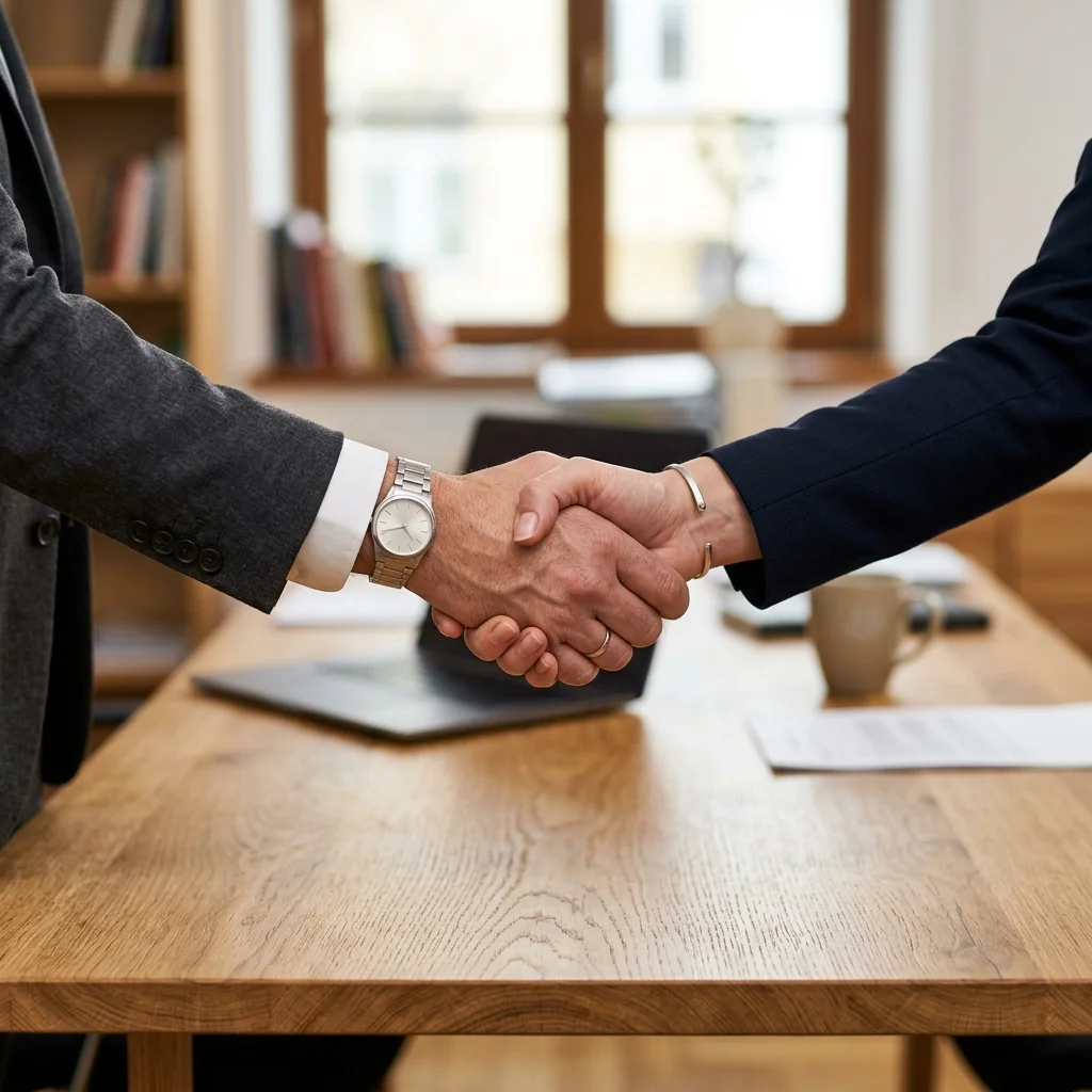 Hai người bắt tay qua bàn làm việc trong văn phòng