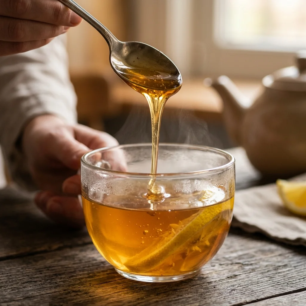 Mật ong chảy từ thìa vào ly trà chanh ấm