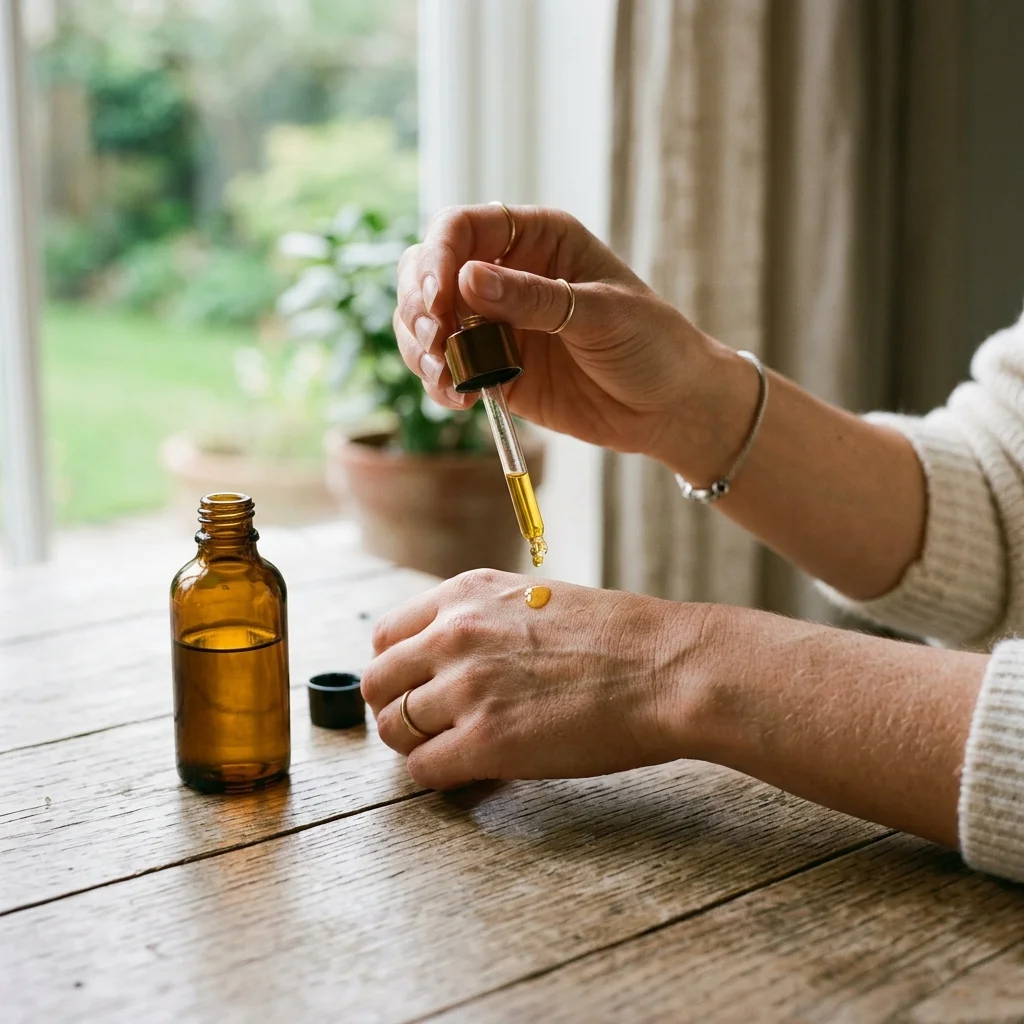 Bàn tay nhỏ một giọt serum lên mu bàn tay