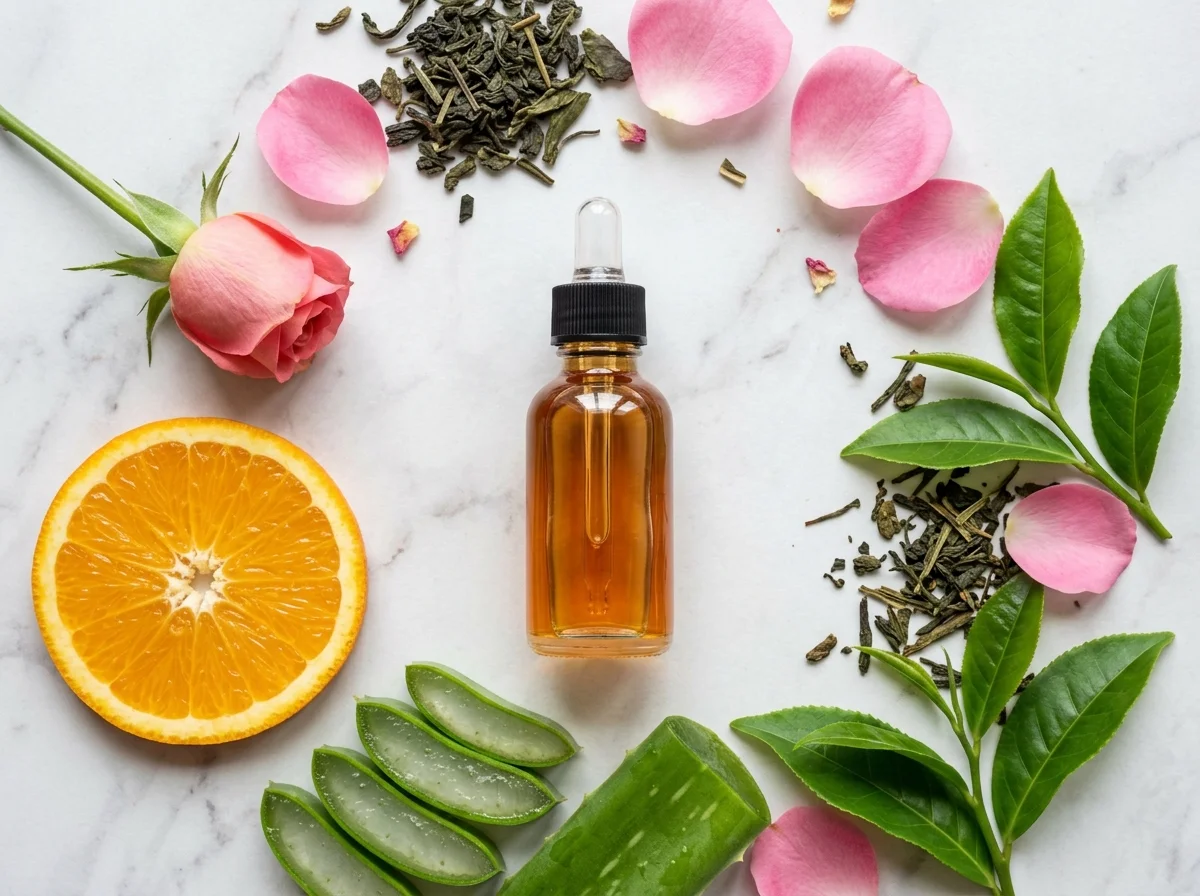 Chai serum giữa lát nha đam, lá trà xanh, cánh hồng và lát cam