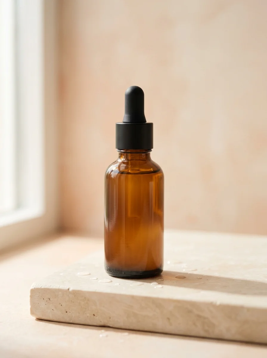 Chai serum thuỷ tinh màu hổ phách đặt trên bệ đá màu kem