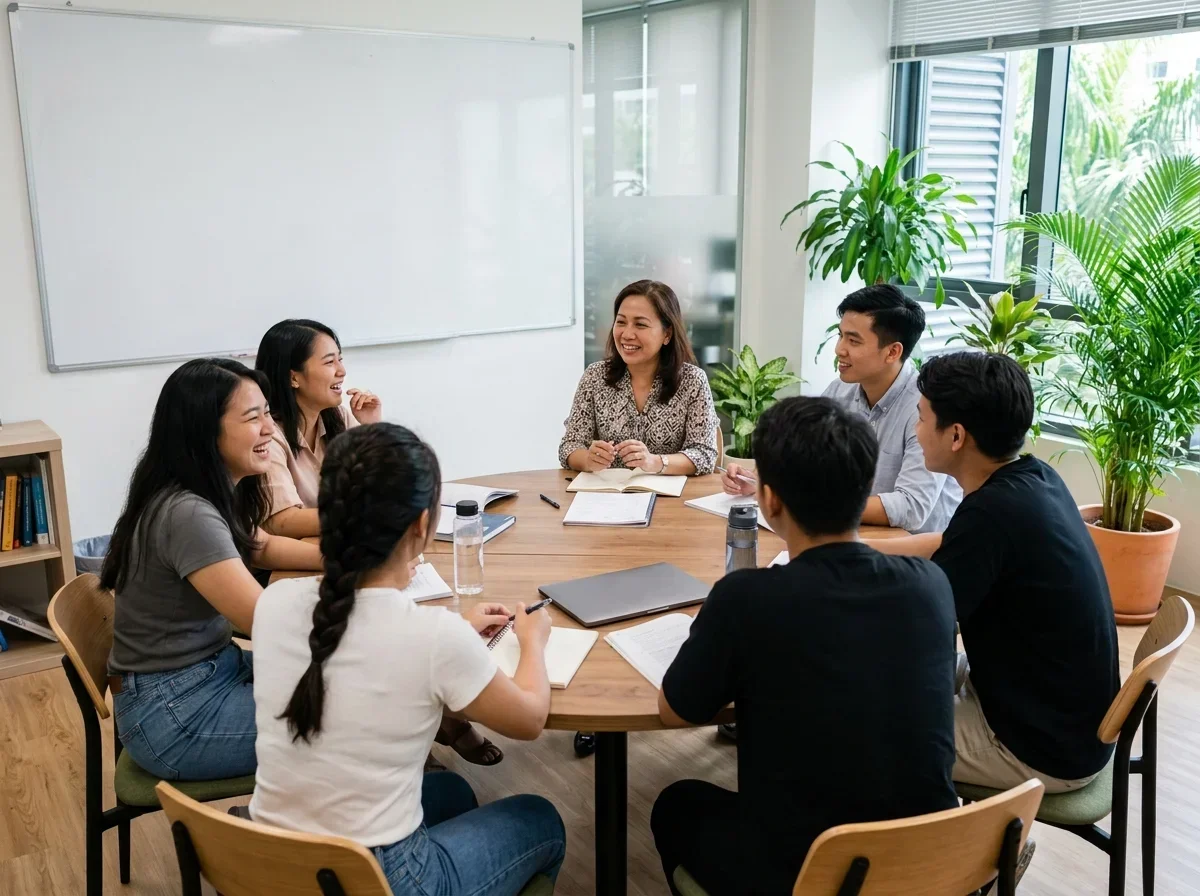 Teacher talking with students in a small class