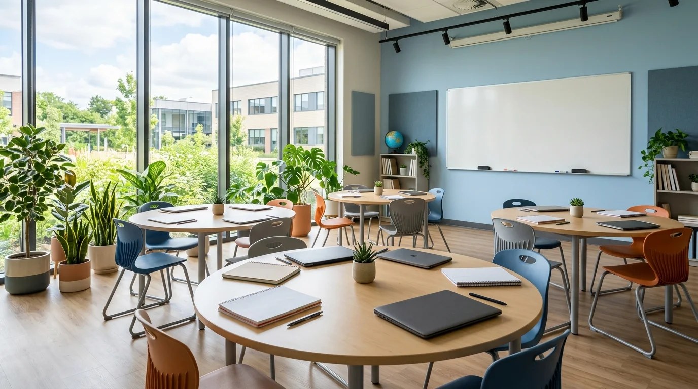 Bright classroom with round tables, plants and a whiteboard