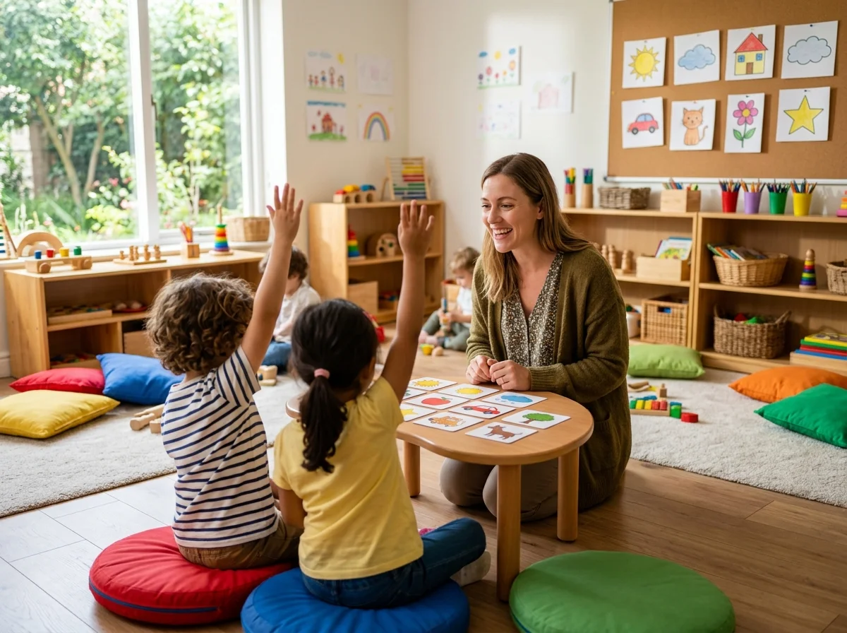 Kids English classroom with colorful cushions and picture cards