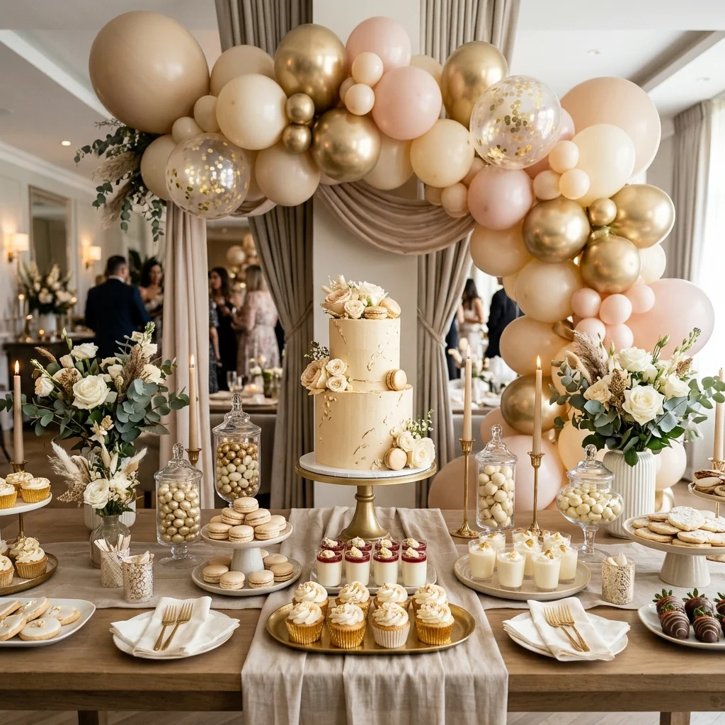 Bàn tráng miệng sinh nhật với bóng bay tông champagne