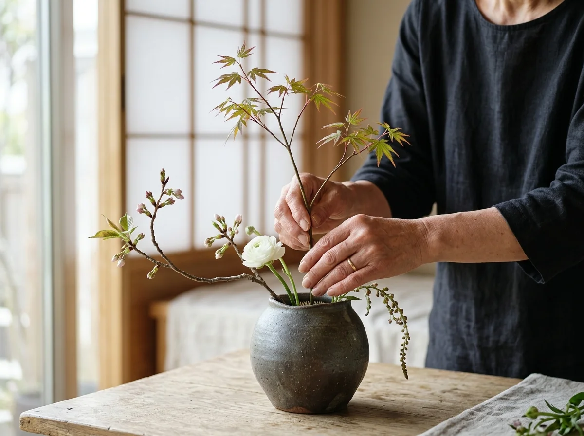 Đôi tay đang cắm một bình hoa tối giản kiểu ikebana trong bình gốm