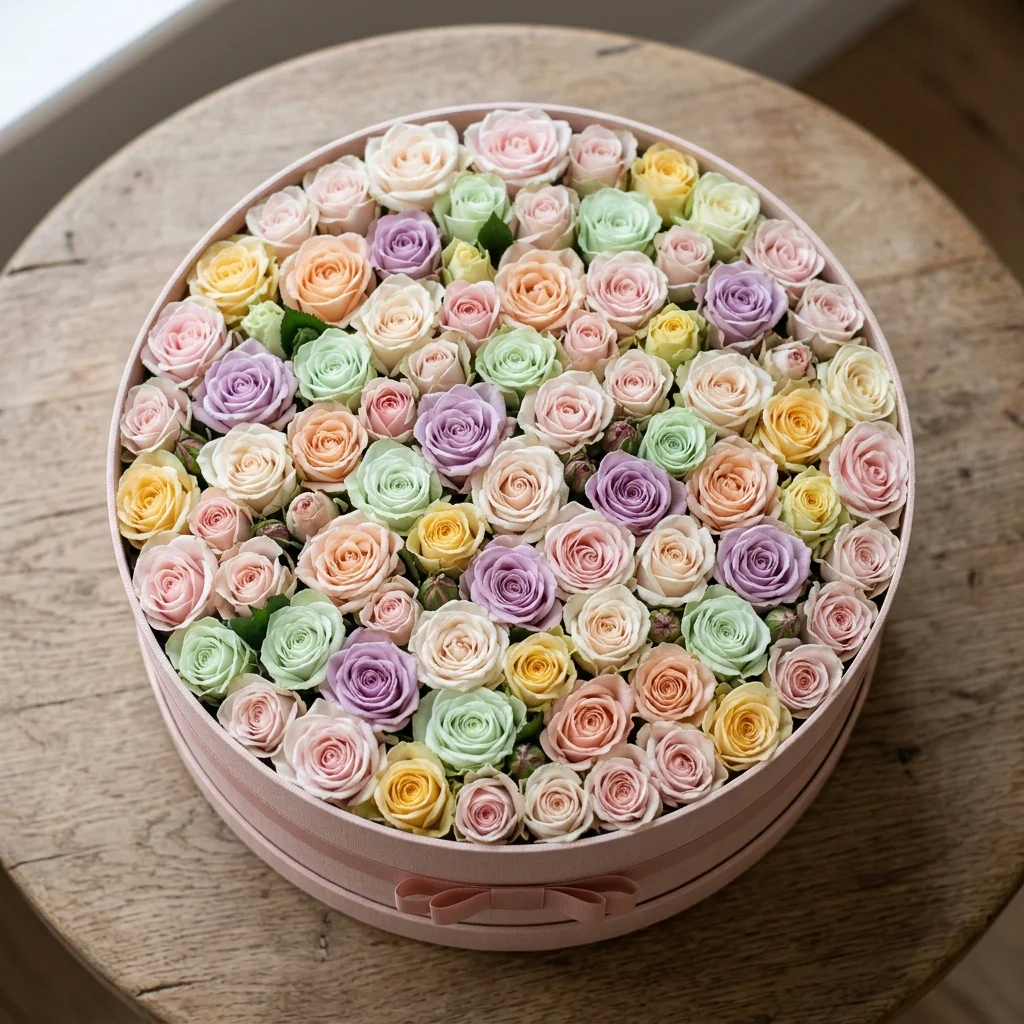 Hộp tròn đựng hoa hồng màu pastel nhìn từ trên xuống