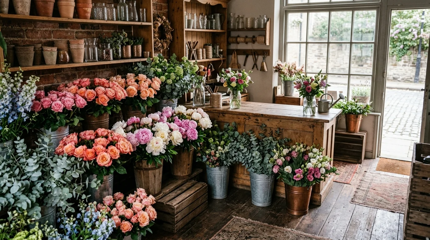 Góc tiệm hoa nhỏ với những xô hoa hồng, mẫu đơn và khuynh diệp bên quầy gỗ