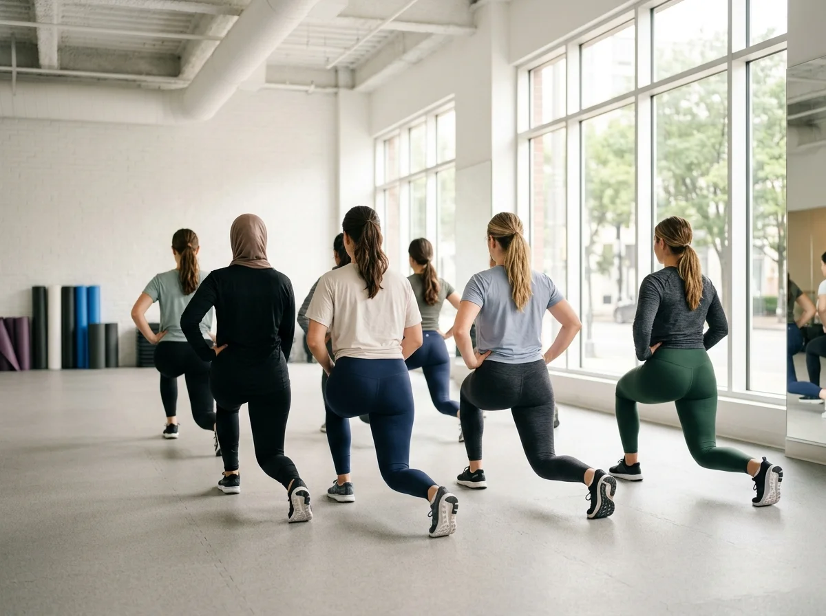Nhóm học viên nữ tập lunge cùng nhau, nhìn từ phía sau