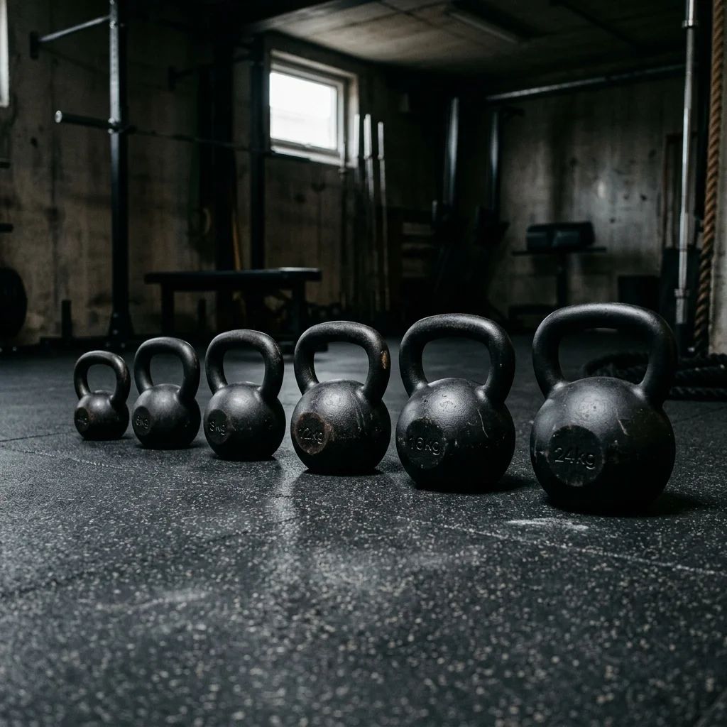 Kettlebells lined up on a gym floor