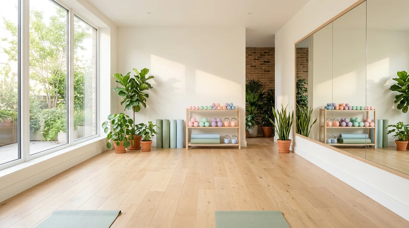 Phòng tập sáng sủa với sàn gỗ, tạ màu pastel và cây xanh
