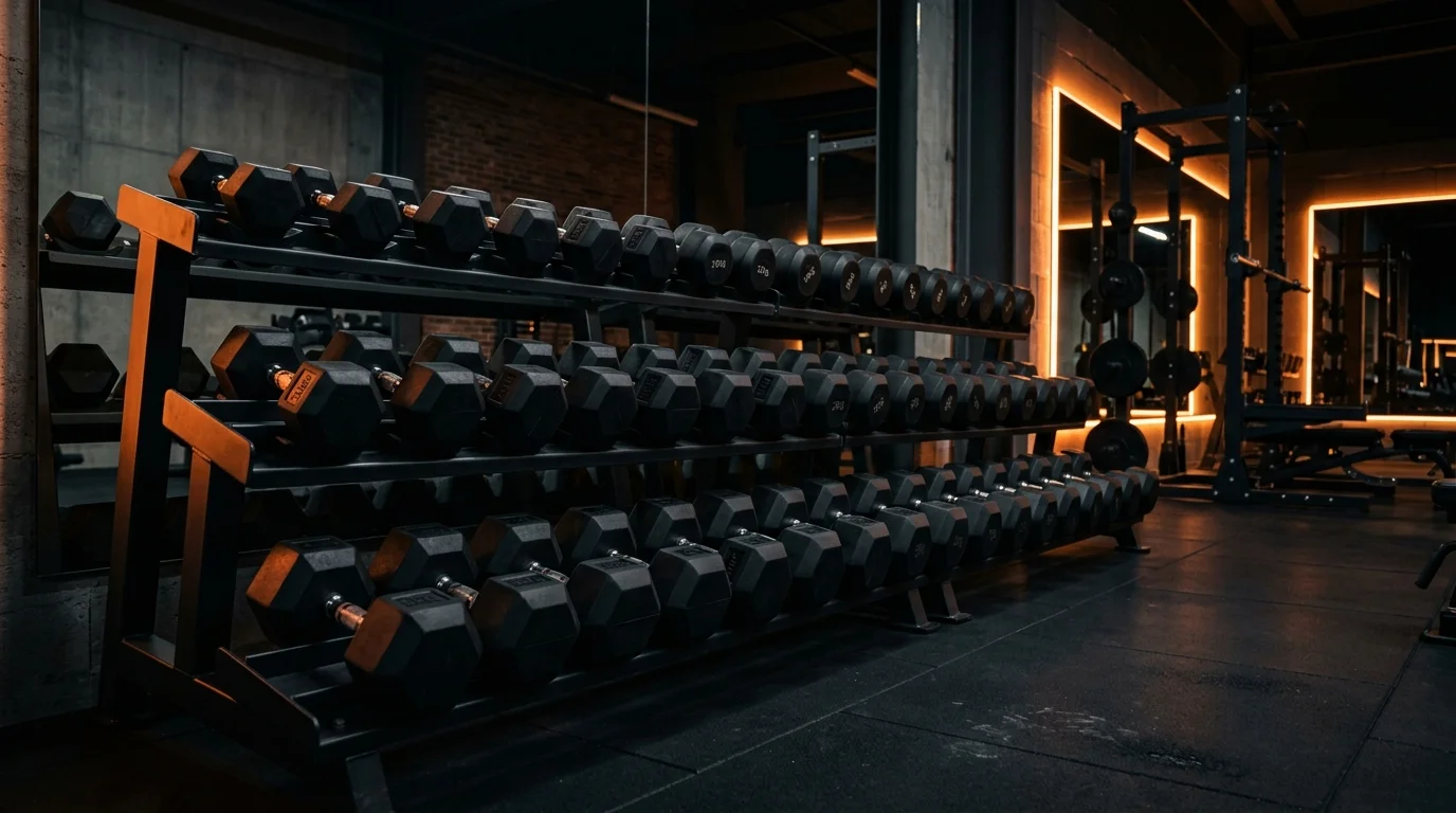 Rows of dumbbells in a moody, low-lit gym