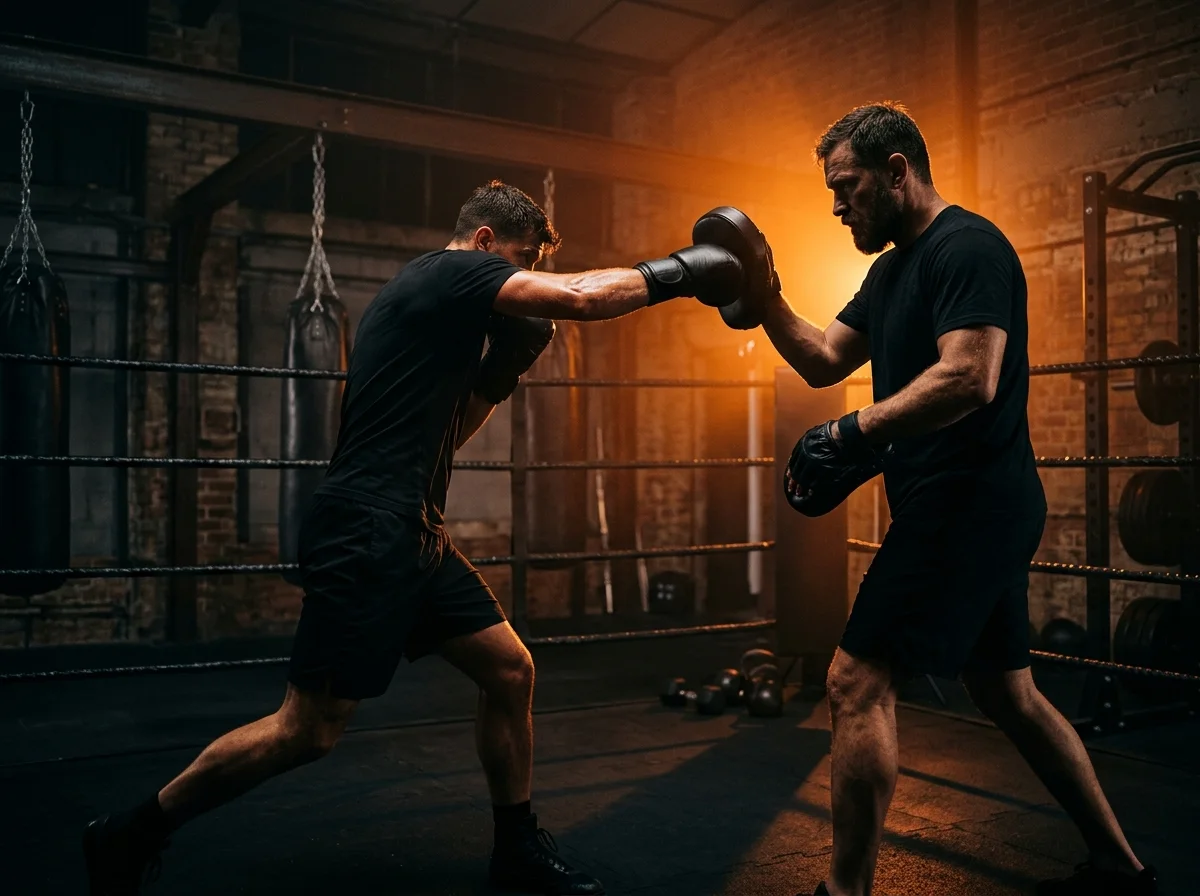 Boxing coach holding focus pads for athlete