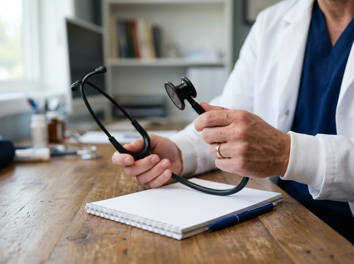 Doctor’s hands holding a stethoscope next to a notepad on a desk