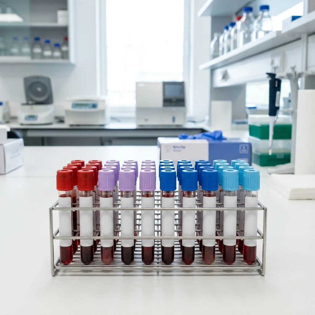 Rack of blood test tubes in a bright laboratory