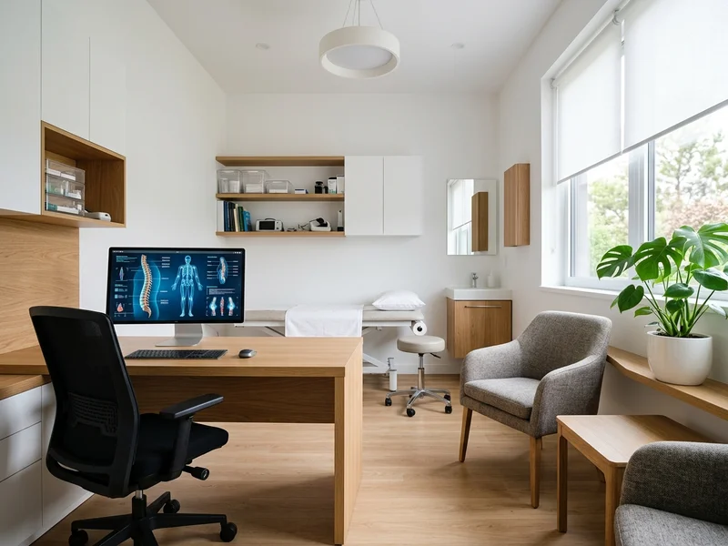 Doctor’s consultation room with a desk, exam table and large window