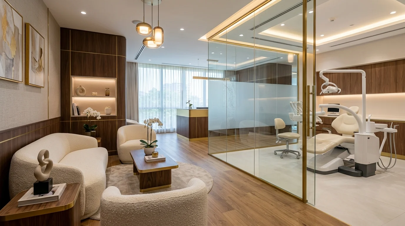 Phòng chờ nha khoa với sofa màu kem, gỗ ấm và phòng điều trị sau vách kính