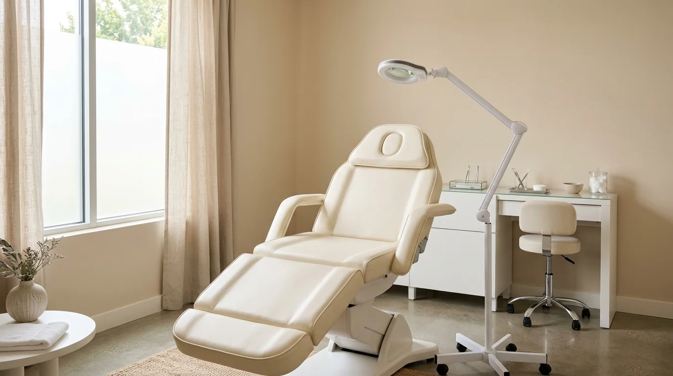 Phòng điều trị da liễu với ghế nằm và đèn soi, ánh sáng dịu
