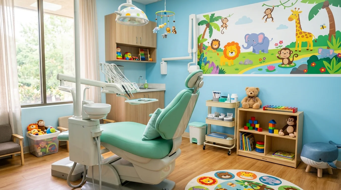 Phòng khám nha cho bé với ghế màu bạc hà, tranh vẽ trên tường và đồ chơi