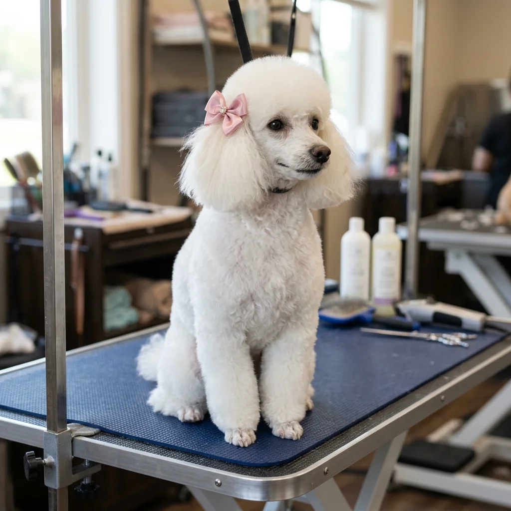 Bé Poodle trắng vừa tỉa xong, đeo nơ, ngồi trên bàn tỉa