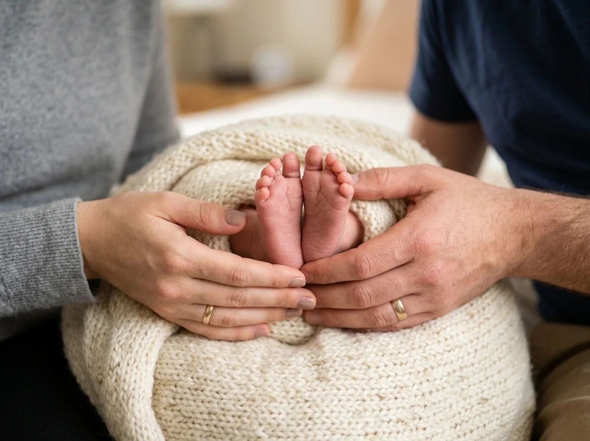 Tay bố mẹ nâng niu đôi bàn chân nhỏ của bé sơ sinh trên tấm chăn màu kem