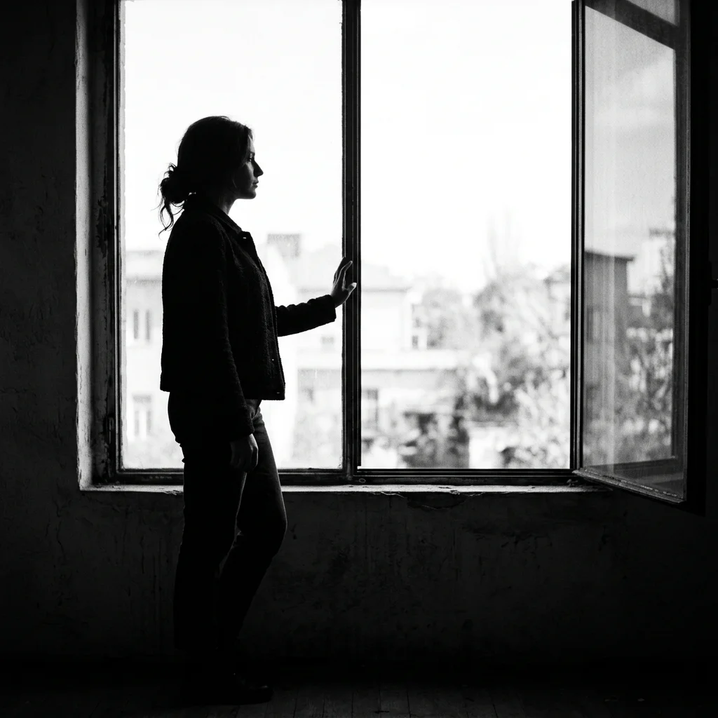 Side silhouette of a person against a bright window, black and white