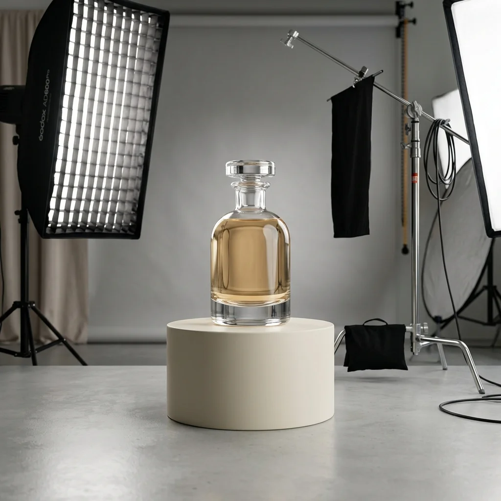 Unlabeled perfume bottle on a plinth under studio lights