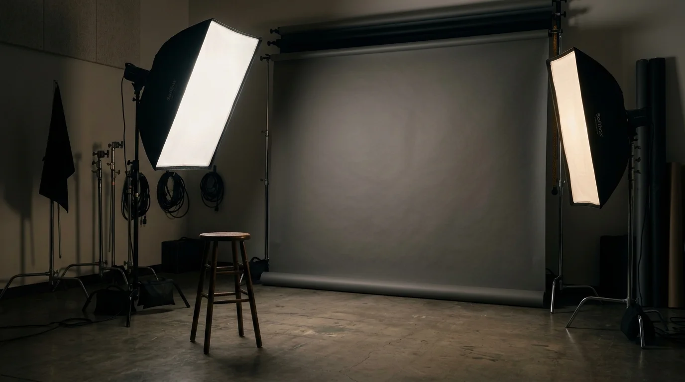 Studio chụp ảnh với đèn softbox, ghế đẩu và phông nền xám liền