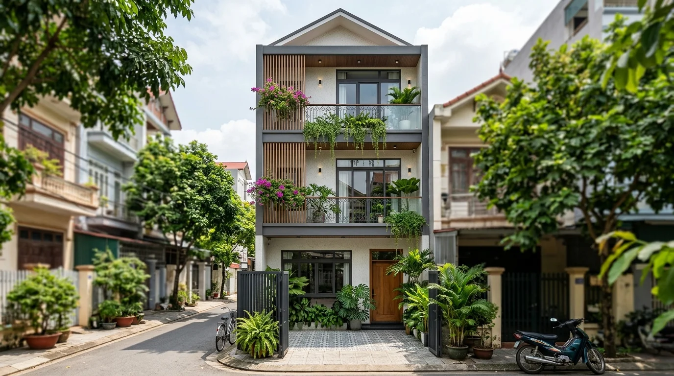 Mặt tiền nhà phố hiện đại có ban công và cây xanh