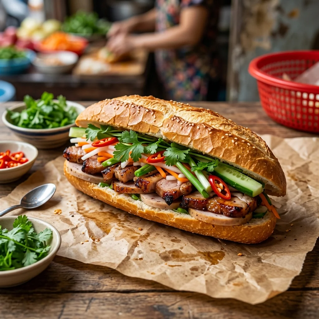 Ổ bánh mì giòn kẹp thịt nướng và rau thơm đặt trên giấy gói