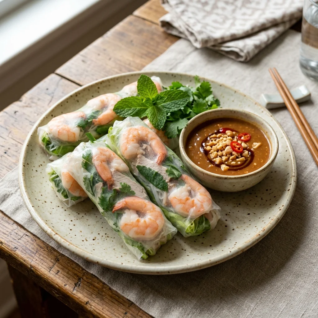 Đĩa gỏi cuốn tôm thịt kèm chén tương đậu phộng