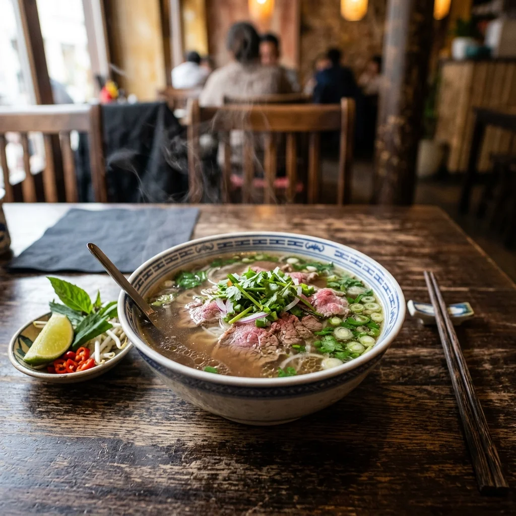 Tô phở bò bốc khói trên bàn gỗ
