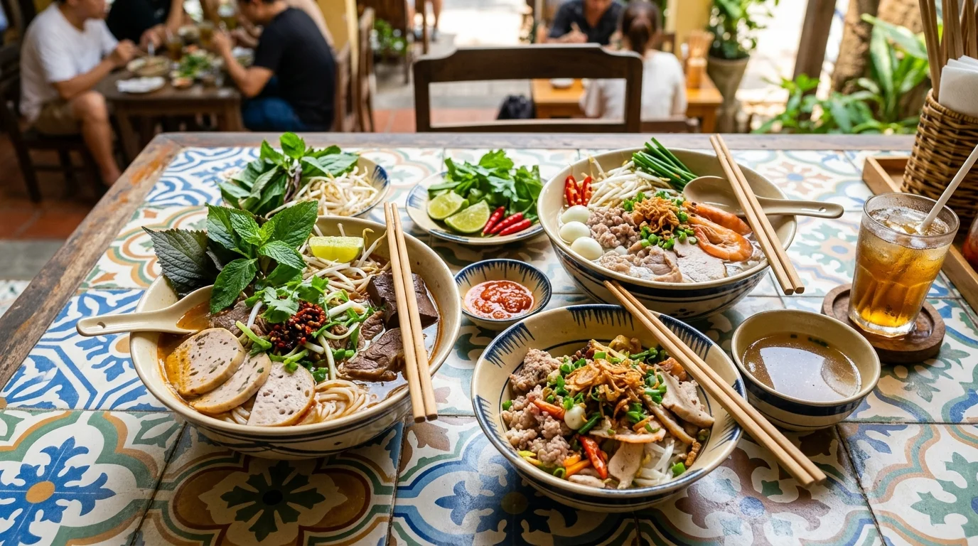 Mấy tô bún bò, hủ tiếu đầy rau thơm trên mặt bàn gạch men sáng màu